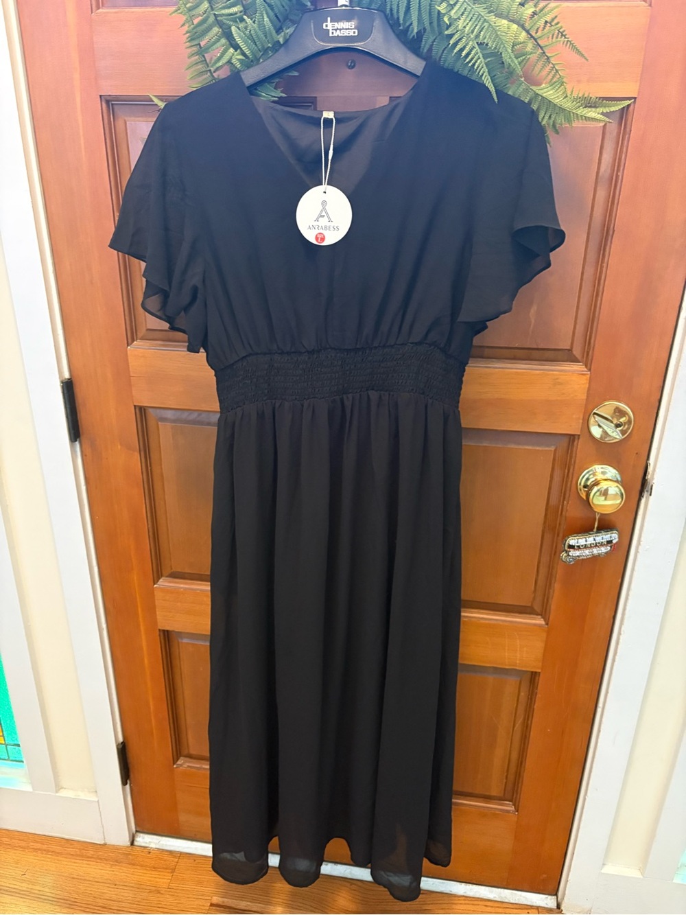 NWT Anrabess Black Flutter Sleeve Smocked Waist Lined Midi Dress Size Large